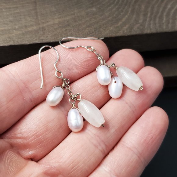 Sterling Silver Cute Genuine Pearls And Quarts Earrings - Picture 2 of 5